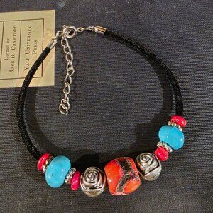 Turquoise & Coral Stone Bracelet with Black Velvet Silver Tone Accents Style J